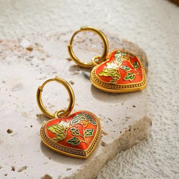 Anthropologie Jewelry - Vintage Ethnic Red Enamel 18K Gold Stainless Steel Gold Heart Earrings